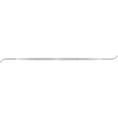 Une longue et fine sonde chirurgicale métallique avec une pointe recourbée à une extrémité et un crochet courbé à l'autre, présentée sur un fond blanc.