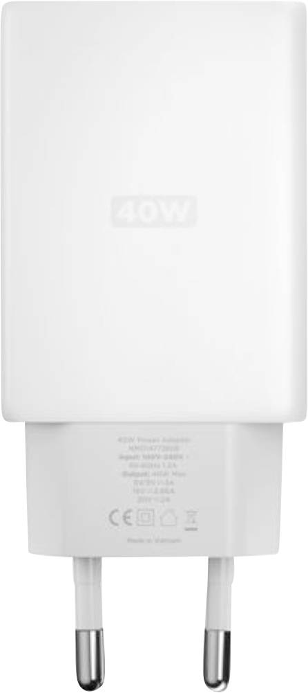 Adaptateur secteur blanc à deux broches avec un logo « NOVI » discret
