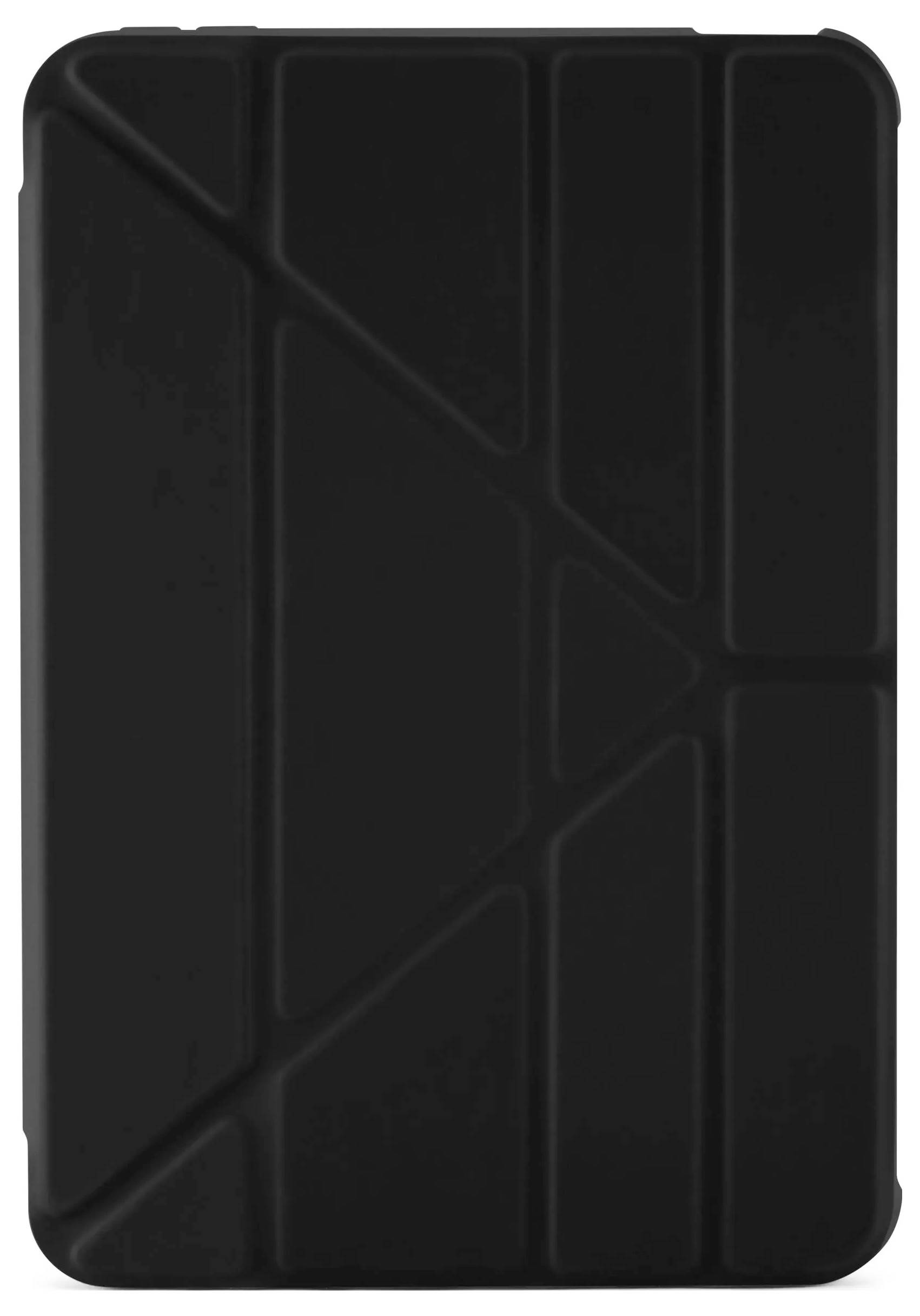 Étui folio pour tablette noire avec un motif géométrique à nervures, présenté fermé sur fond blanc.