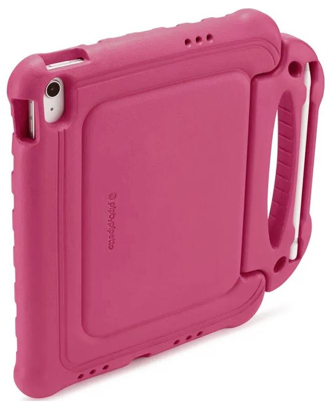 Étui robuste pour tablette rose avec poignée intégrée et découpe pour caméra, présenté sur fond blanc.