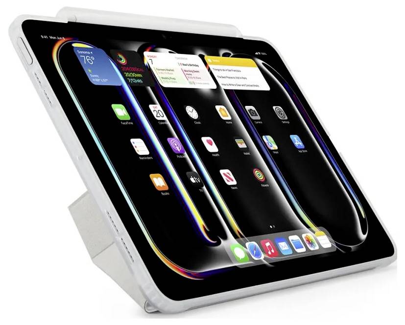 Tablette blanche dans un étui de clavier affichant un écran d'accueil coloré avec des icônes d'applications et des widgets en angle sur un fond blanc