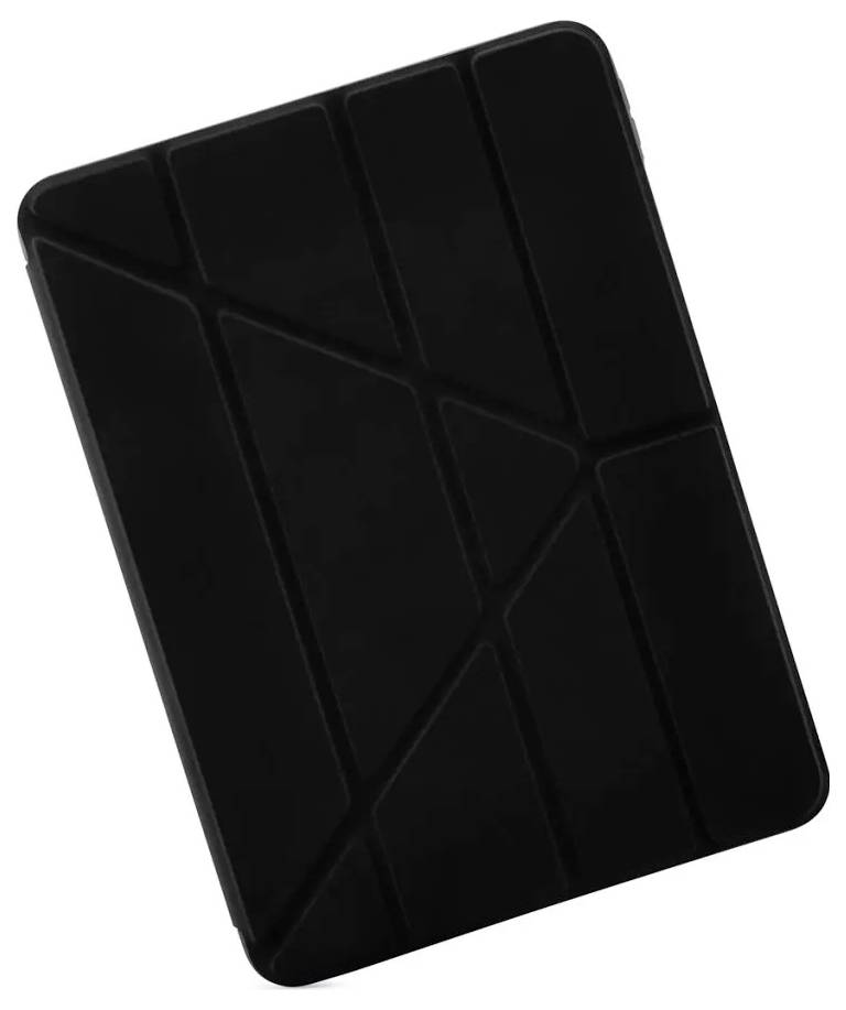 Étui ou housse de tablette noire avec des lignes de pli géométriques, présenté fermé sur un fond blanc.