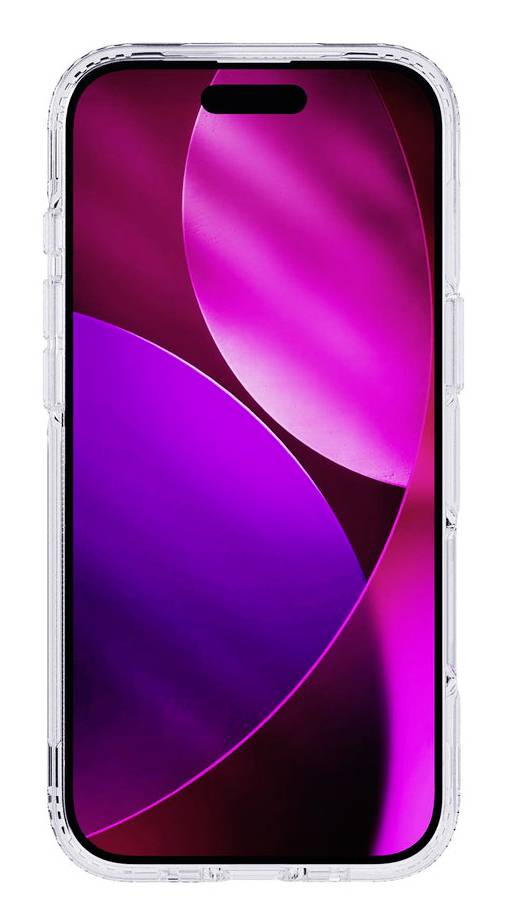 Vue de face d'un smartphone avec une coque de protection transparente, affichant un fond d'écran abstrait violet et une découpe de caméra en forme de pilule en haut.