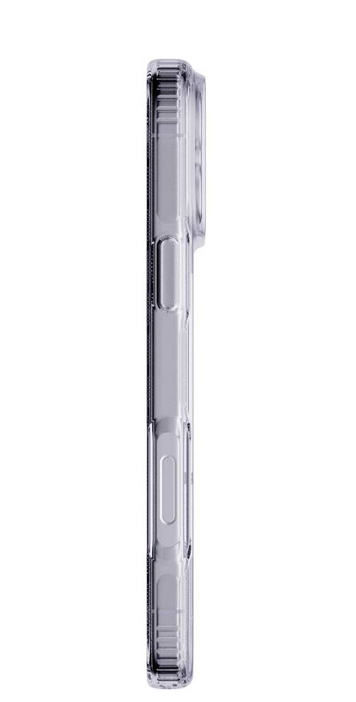 Étui de smartphone transparent et fin présenté en vue latérale sur un fond blanc.