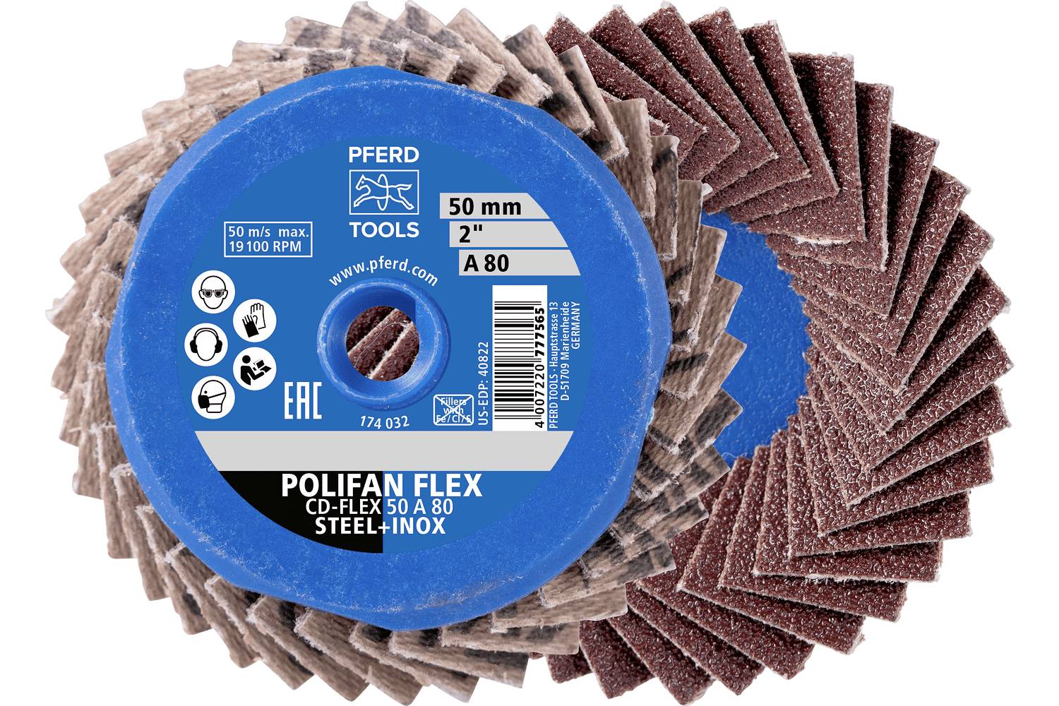 Une meule à lamelles abrasive PFERD Poliflex avec une étiquette centrale bleue, présentée en vues de face et de côté, étiquetée 50 mm, 2 pouces, A80, pour acier et inox.