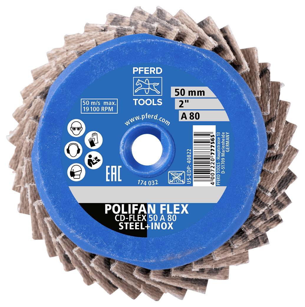 Disque à lamelles abrasif bleu étiqueté PFERD TOOLS POLIFAN FLEX, 50 mm, A 80, avec des lamelles de ponçage marron autour du bord.