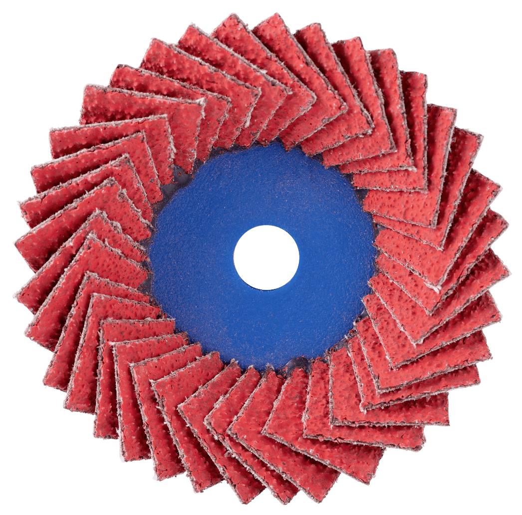Roue brossette abrasive circulaire rouge avec des volets de ponçage en couches autour d'un trou central bleu sur fond blanc.