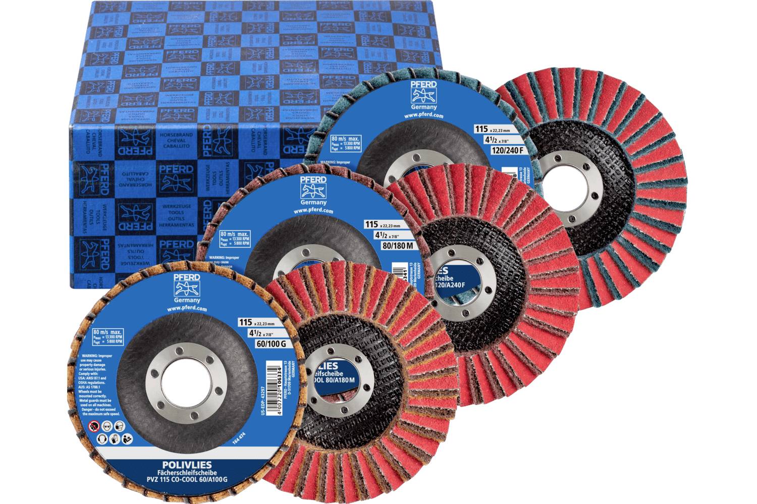 Disques à lamelles abrasifs assortis et disques de meulage dans un emballage de produit bleu, disposés sur un fond blanc.