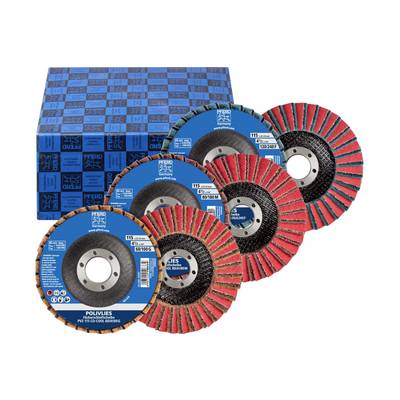 Disques à lamelles abrasifs assortis et disques de meulage dans un emballage de produit bleu, disposés sur un fond blanc.