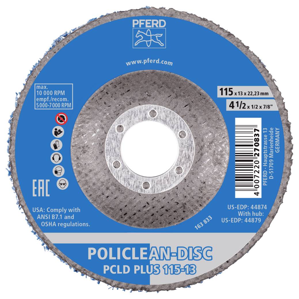 Étiquette de disque abrasif Blue PFERD POLICLEAN-DISC affichant la taille du produit 115 x 13 x 22,23 mm, régime maximal de 10 000 tr/min, avec code-barres et symboles de sécurité.