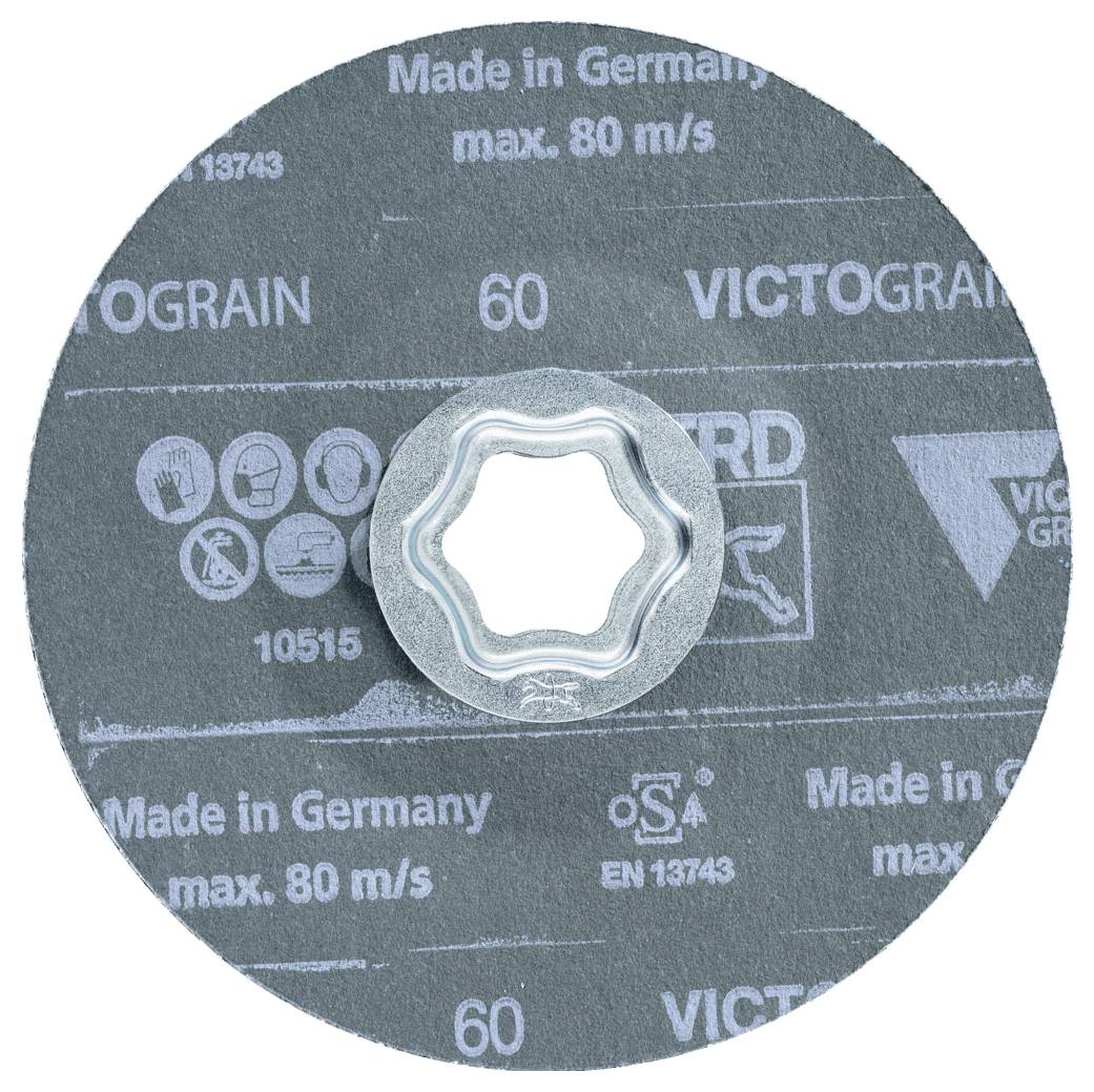 Gros plan d'un disque de coupe VICTOGRAIN avec un écrou central en métal ; l'étiquette indique « Fabriqué en Allemagne » et « max. 80 m/s ».