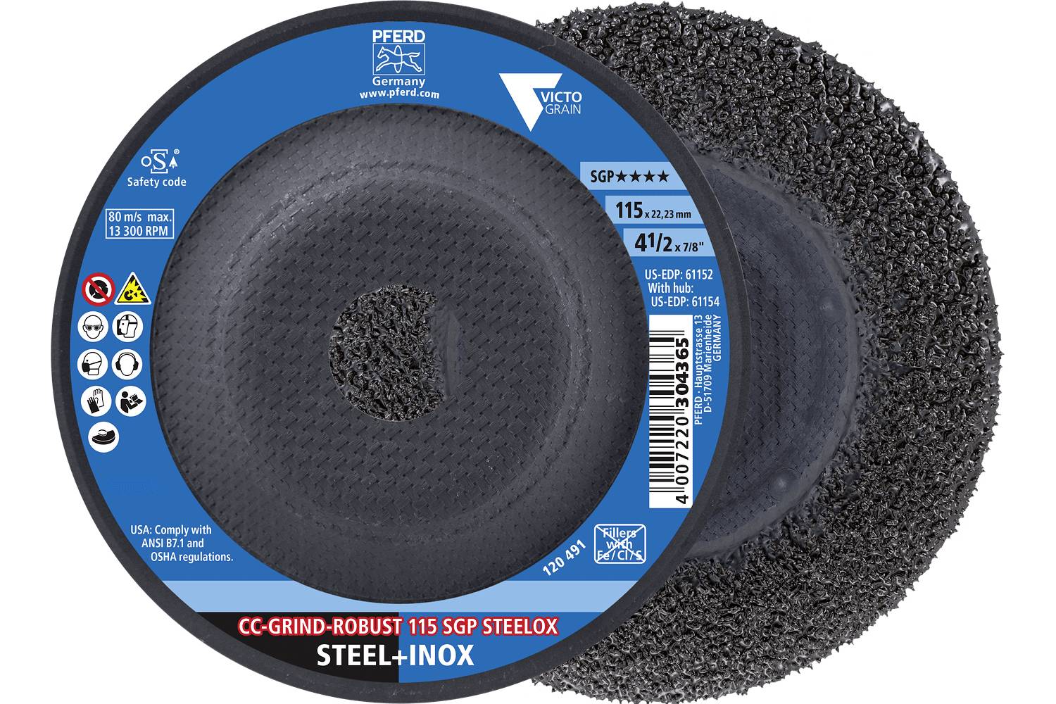 Gros plan d'un disque de meulage abrasif à étiquette bleue avec une roue noire texturée, marqué « CC-GRIND-ROBUST 115 SGP STEELOX » et « STEEL+INOX ».
