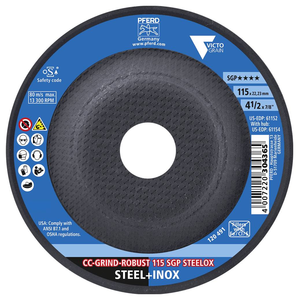 Un emballage de disque abrasif de meulage étiqueté avec une roue noire et un rebord bleu, de marque PFERD VICTOGRAIN, marqué 115 x 22,2 mm et « ACIER+INOX ».