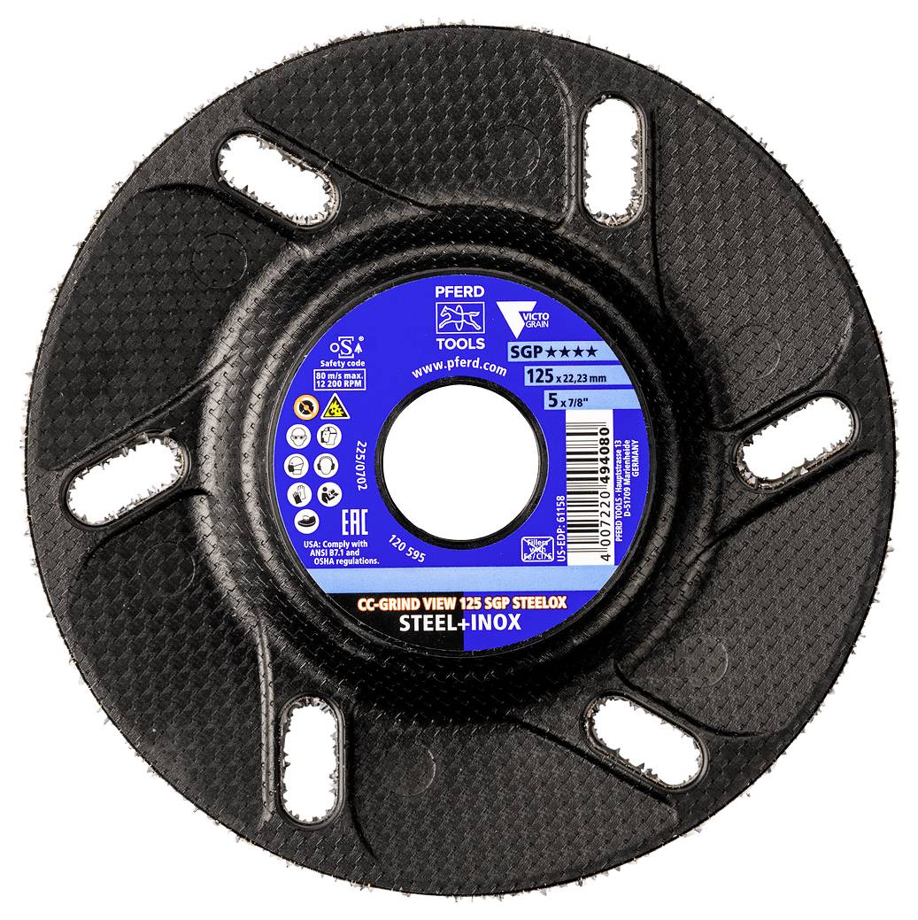 Disque à lamelles abrasif rouge avec trou central bleu, présenté de face sur un fond blanc.