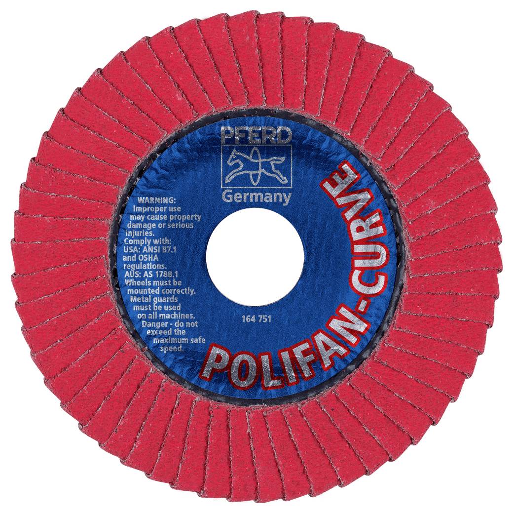 Meule à lamelles abrasive rouge avec étiquette centrale bleue portant les inscriptions "PFERD Germany" et "POLIFAN-CURVE" pour le meulage ou le ponçage.