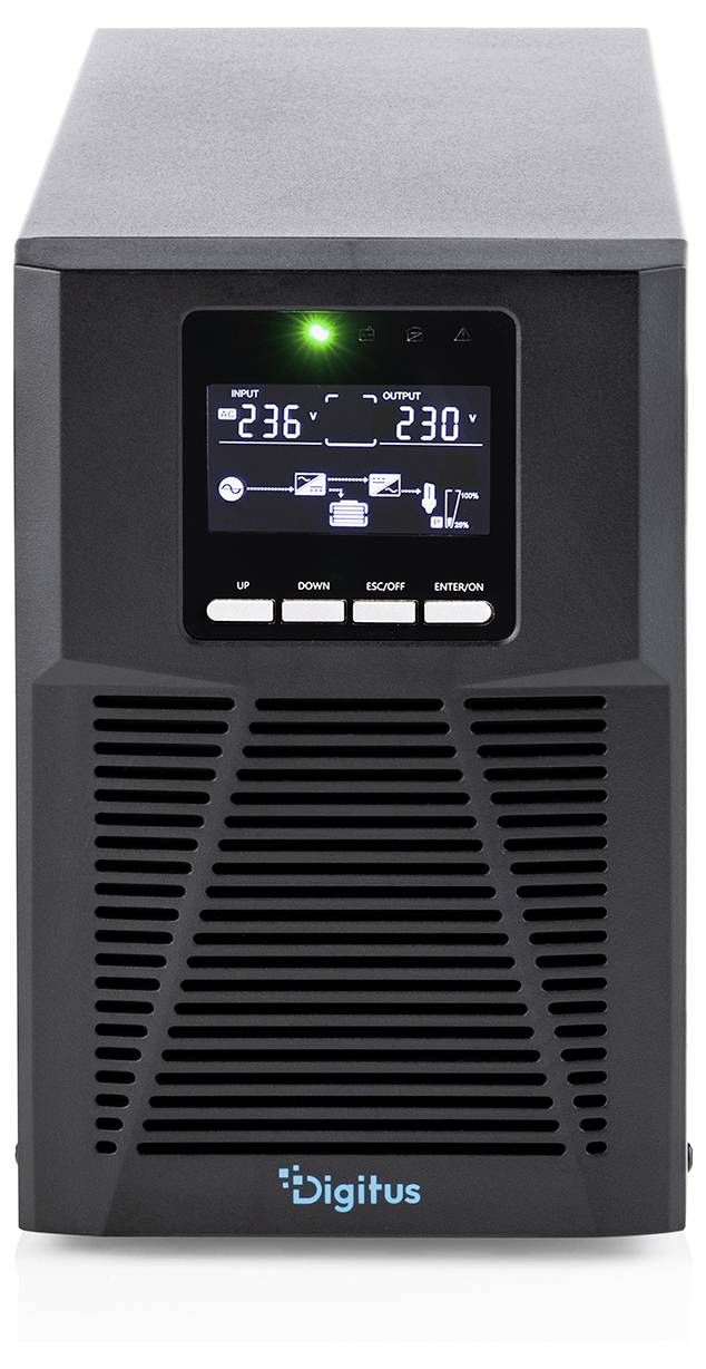 Vue de face d'une batterie de secours Digitus UPS avec écran LCD affichant une entrée de 236V et une sortie de 230V et un voyant d'état vert.