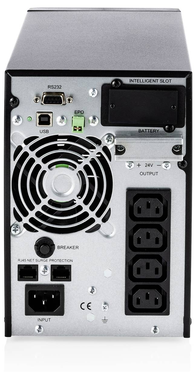 Vue arrière d'une alimentation sans interruption montrant les prises d'entrée, les prises de sortie 24V, les ports USB et RS232, le connecteur EPO, le disjoncteur et l'emplacement de la batterie.