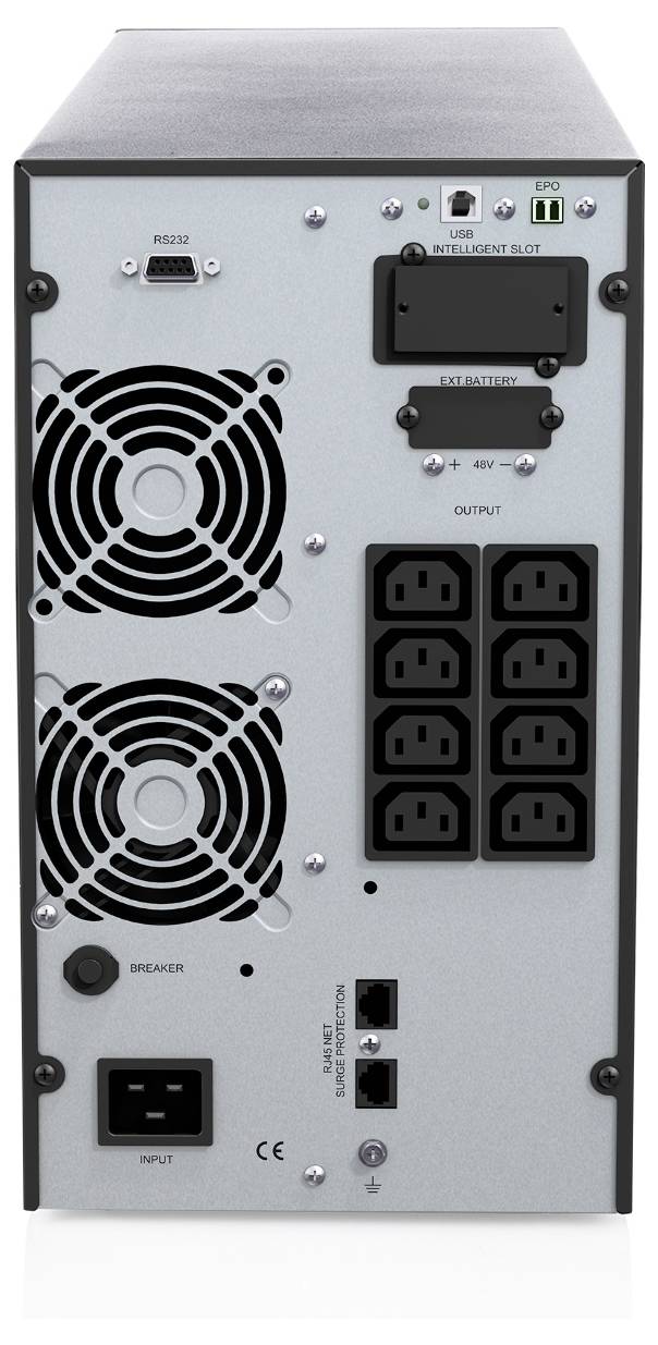 Vue arrière d'une alimentation sans interruption (ASI) de tour avec deux ventilateurs de refroidissement, six prises de sortie, ports USB et réseau, connecteur de batterie externe et commutateur d'entrée d'alimentation.