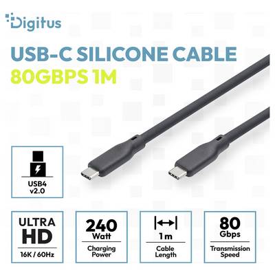Câble silicone USB-C Digitus, 1 m, USB4 v2.0, vitesse de transfert 80 Gbps, charge 240 W, supporte Ultra HD 16K/60 Hz.