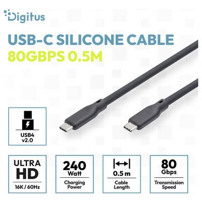 Câble Digitus USB-C en silicone, 0,5 m, supporte le transfert de données de 80 Gbps, USB4 v2.0, la charge de 240 W et l'Ultra HD 16K/60Hz.