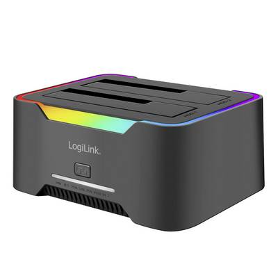 Station d'accueil LogiLink à deux emplacements avec accent LED arc-en-ciel et bouton d'alimentation avant sur fond blanc.