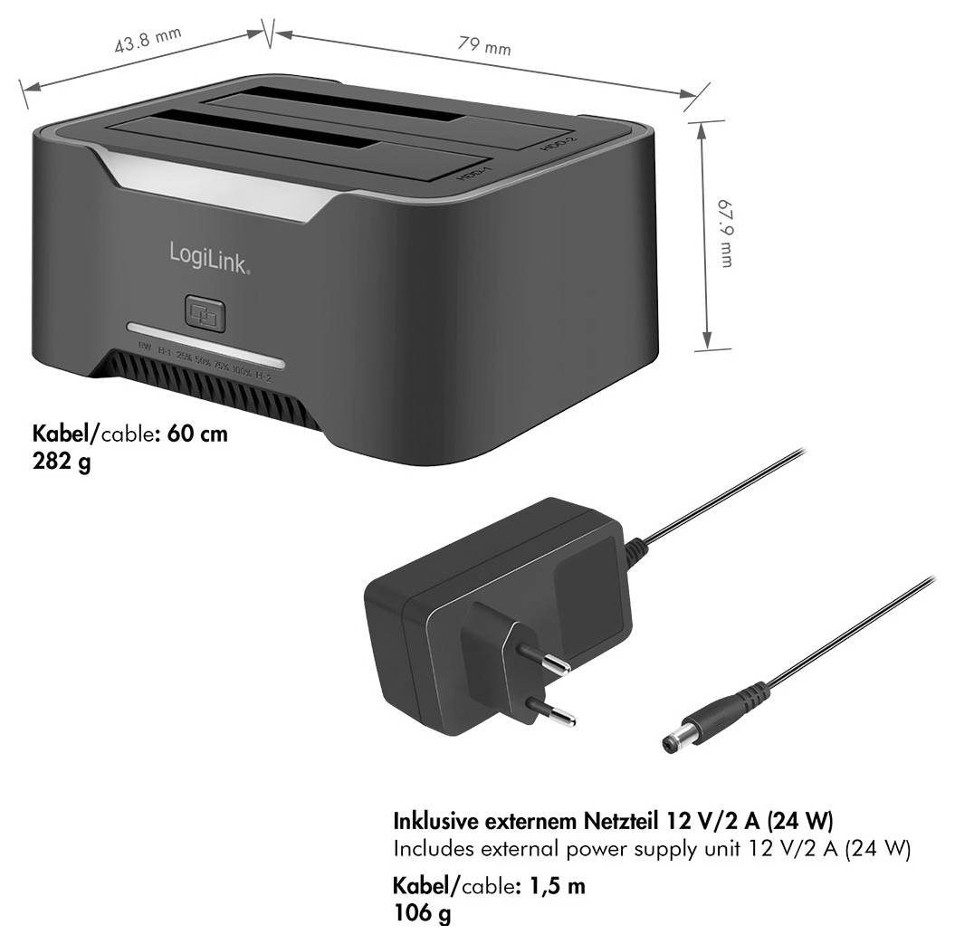 Station d'accueil LogiLink aux dimensions 79 x 43,8 x 67,9 mm, câble de 60 cm, 282 g ; comprend un adaptateur secteur externe 12V/2A avec câble de 1,5 m, 106 g.