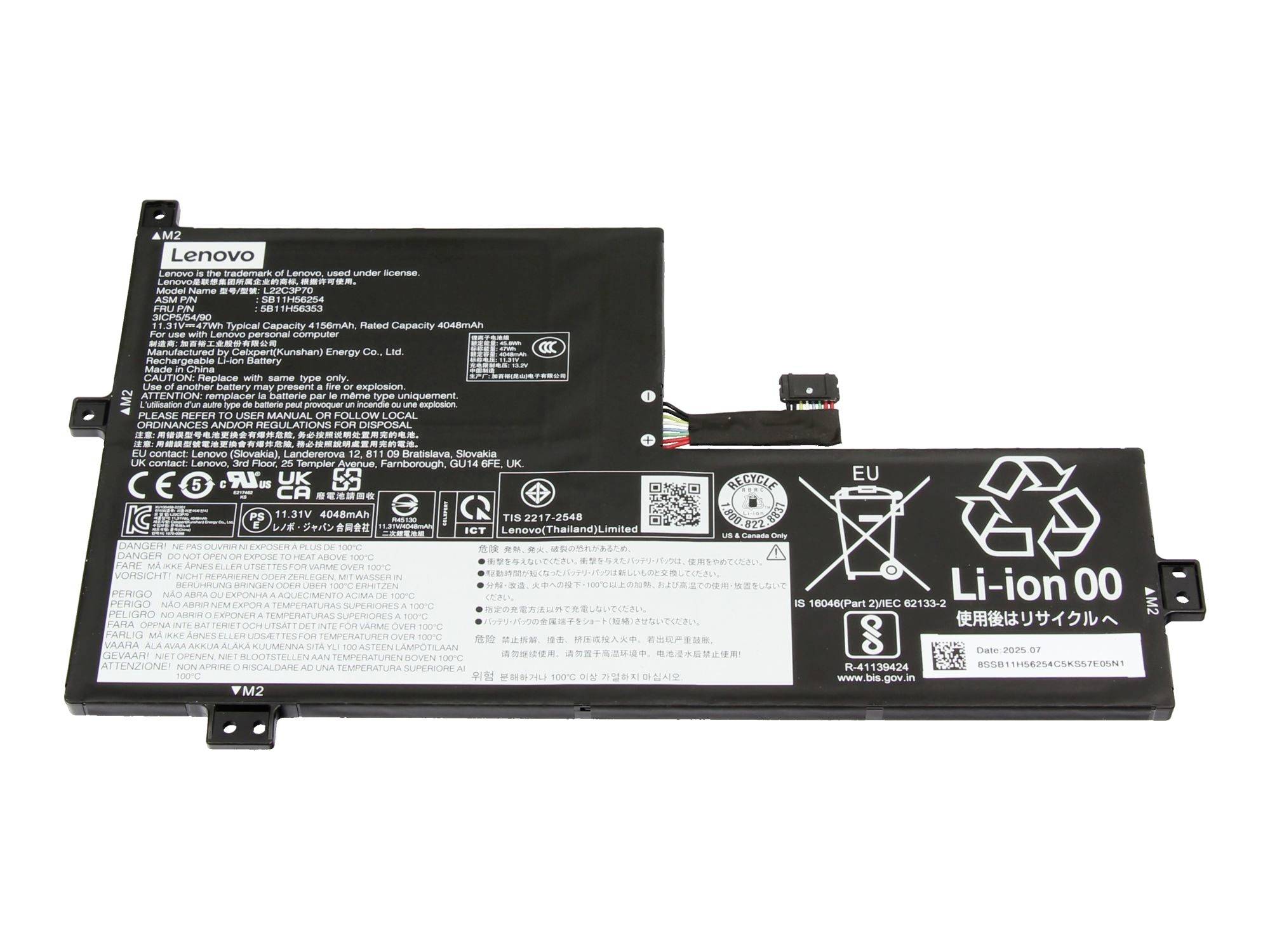 Batterie de pack pour ordinateur portable Lenovo noir affichée sur un fond blanc, avec les étiquettes de modèle et de sécurité visibles.