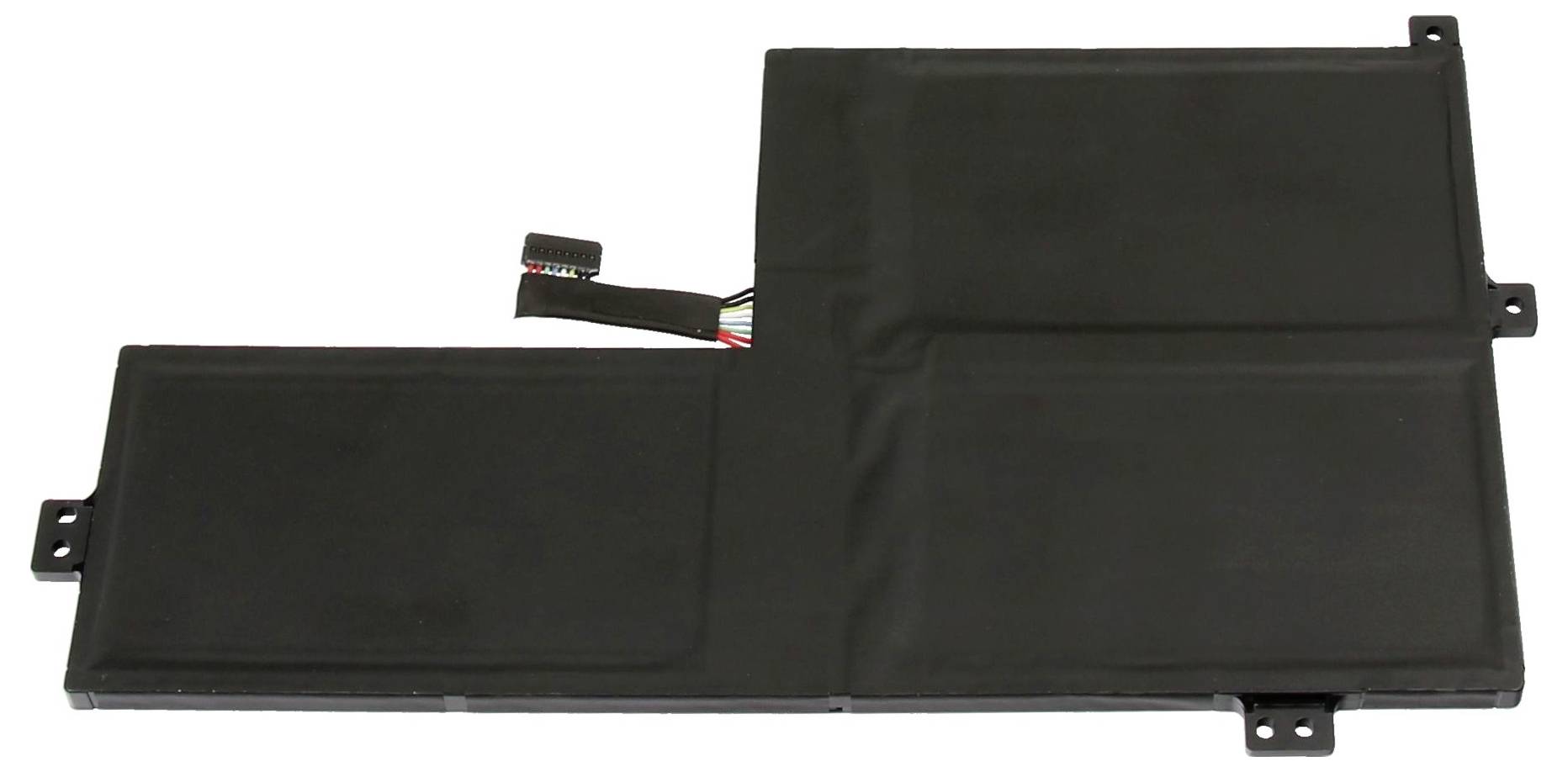 Batterie d'ordinateur portable rectangulaire noire avec plusieurs sections connectées et languettes de montage, présentée sur fond blanc.