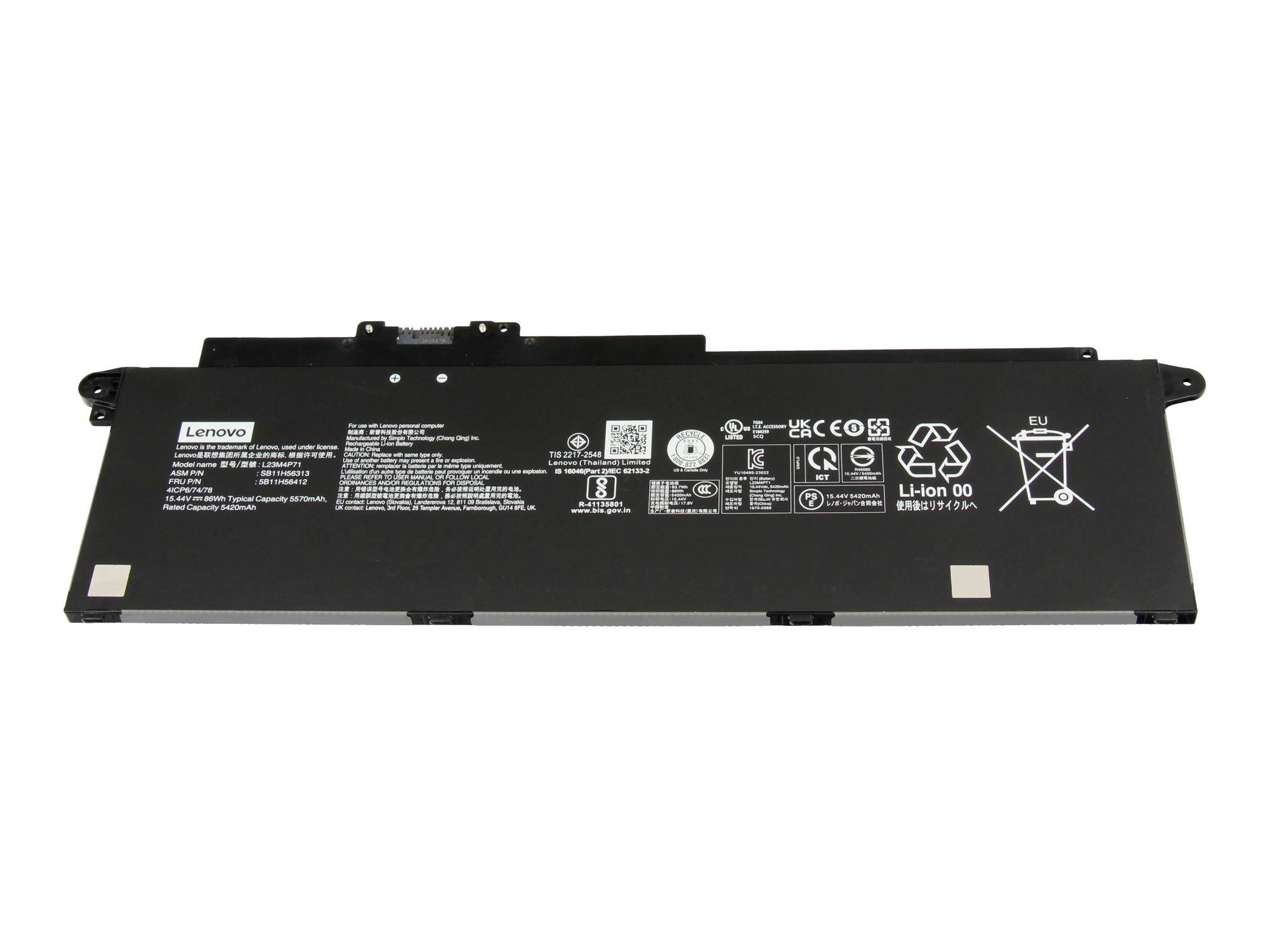 Batterie de pack d'ordinateur portable Lenovo noire avec étiquettes imprimées, symboles d'avertissement et connecteurs sur fond blanc.