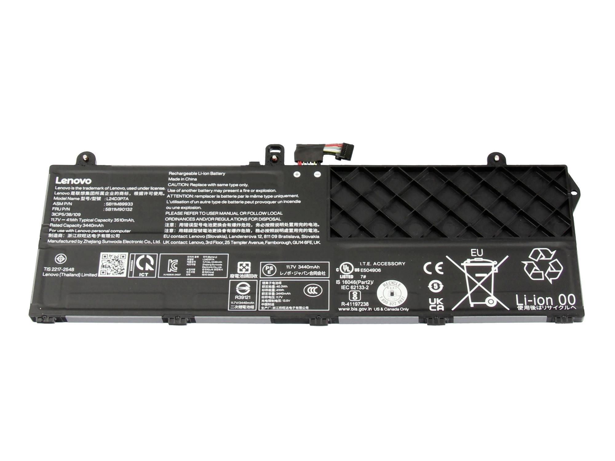 Batterie lithium-ion pour ordinateur portable Lenovo avec connecteur et étiquettes de sécurité imprimées sur fond blanc.
