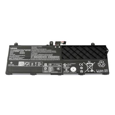 Batterie lithium-ion pour ordinateur portable Lenovo avec connecteur et étiquettes de sécurité imprimées sur fond blanc.