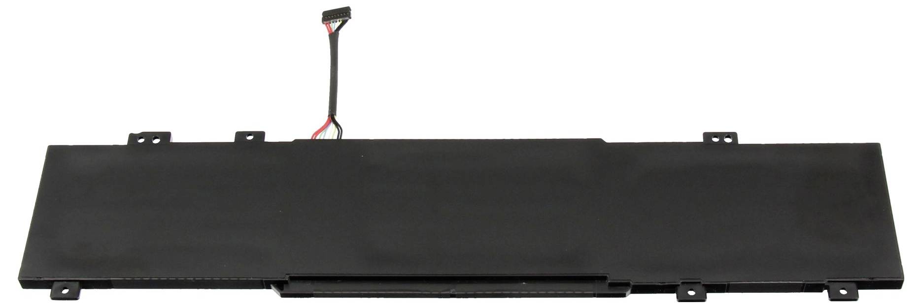 Un bloc batterie pour ordinateur portable noir avec connecteur d'alimentation et pattes de montage, présenté isolé sur fond blanc.