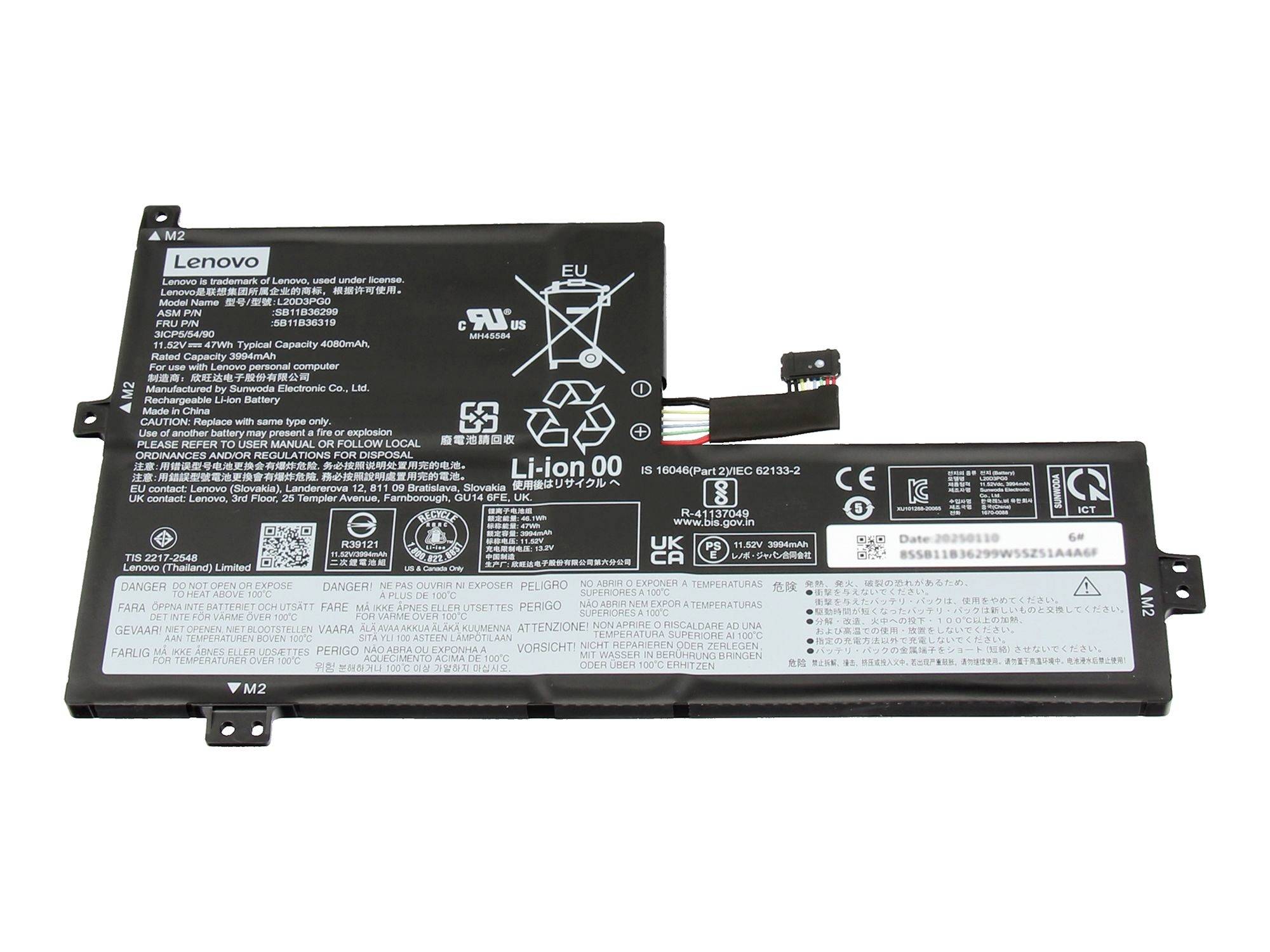 Pack de batterie pour ordinateur portable Lenovo avec câble connecteur, présenté sur fond blanc.