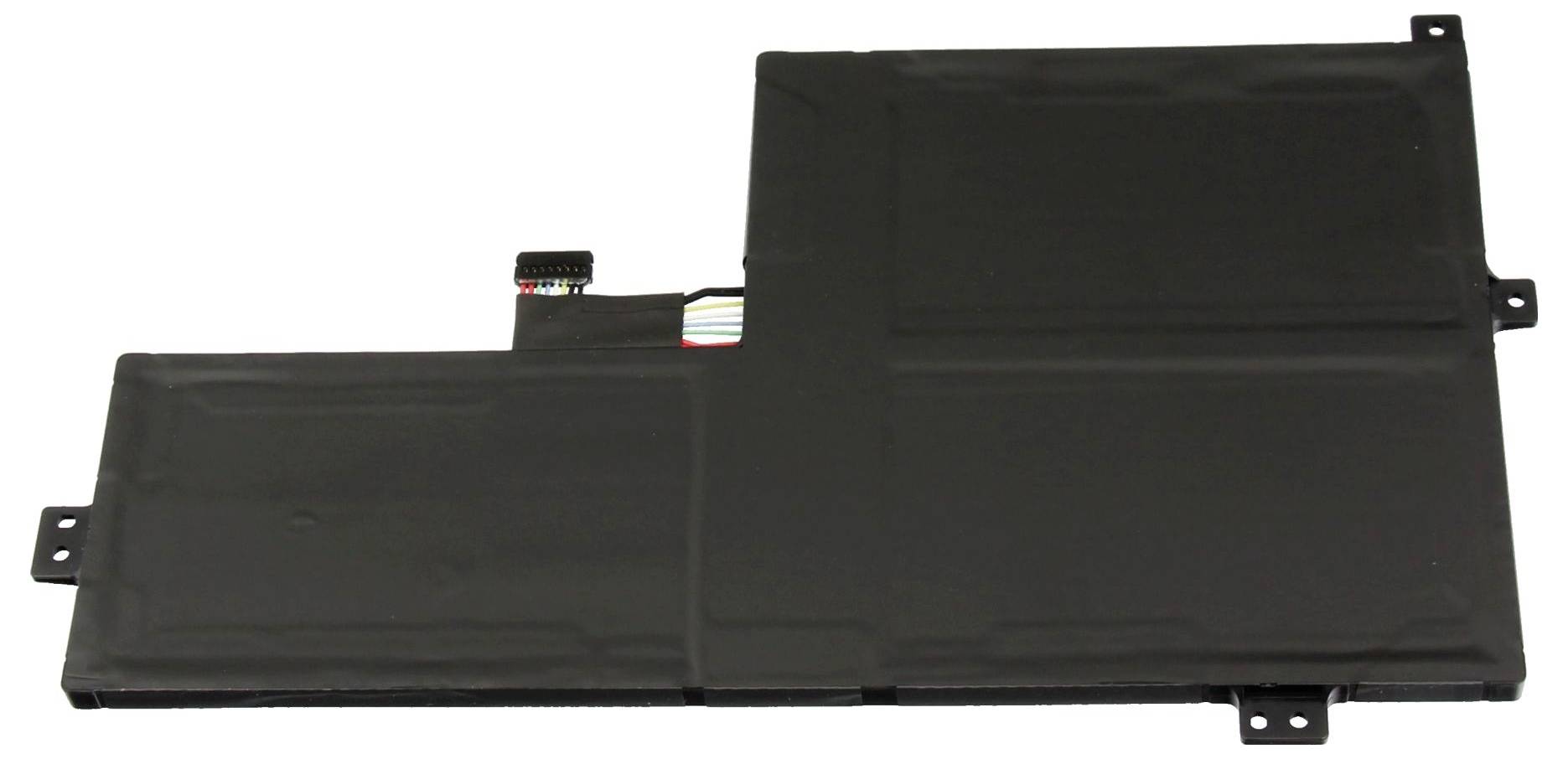 Batterie de ordinateur portable rectangulaire noire avec plusieurs languettes de montage et connecteur sur fond blanc.