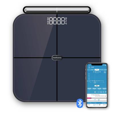 Balance numérique pour salle de bain avec Bluetooth et affichage via application smartphone, présentant le suivi du poids et les métriques corporelles.