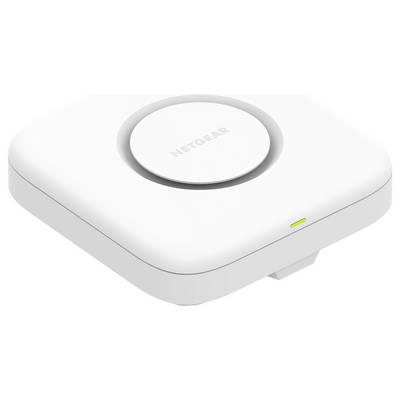 Point d'accès sans fil NETGEAR blanc avec un logo circulaire sur le dessus et une petite lumière d'état verte sur le bord avant.