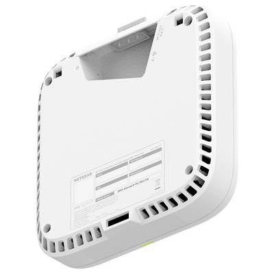 Routeur sans fil NETGEAR blanc montré de l'arrière, avec des fentes de ventilation et des trous de montage visibles.