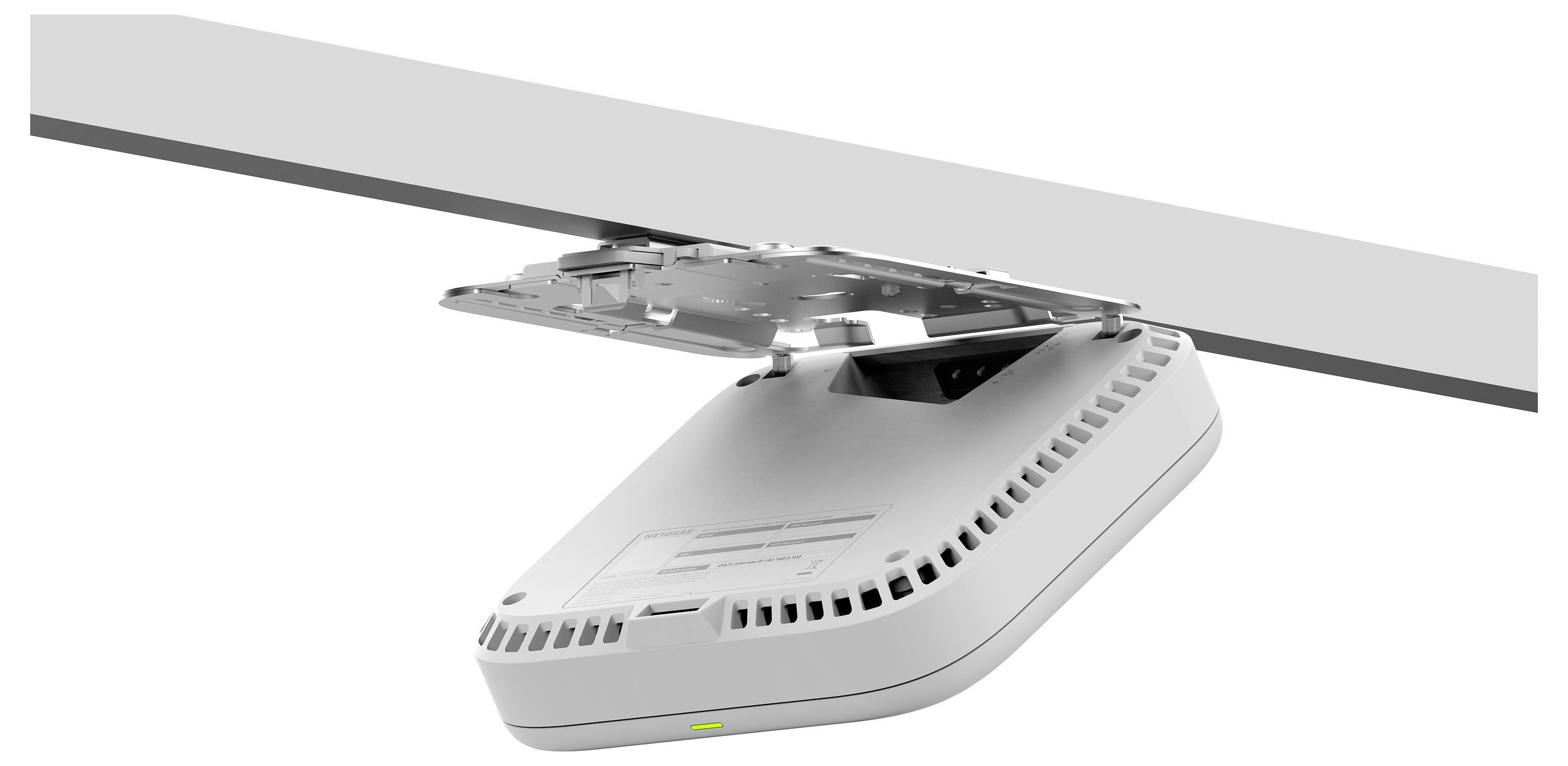 Routeur Wi-Fi avec panneau supérieur articulé ouvert, montrant les composants internes sous une surface grise ressemblant à une poutre inclinée.
