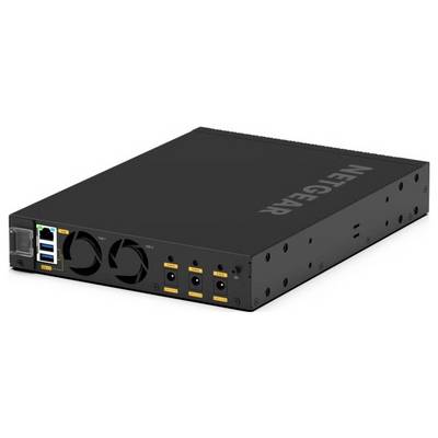 Commutateur réseau NETGEAR noir avec ports Ethernet à l'avant, ventilateurs de ventilation et voyants d'état sur un fond blanc uni