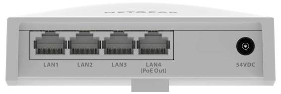 Vue de face d'un commutateur réseau gris avec quatre ports Ethernet étiqueté LAN1, LAN2, LAN3 et LAN4 (PoE Out), plus une entrée d'alimentation 54VDC sur la droite.