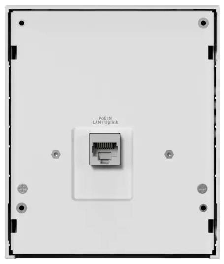 Arrière d'un appareil montable sur mur avec un seul port Ethernet étiqueté « PoE IN LAN/Uplink » pour la connexion réseau et l'alimentation.