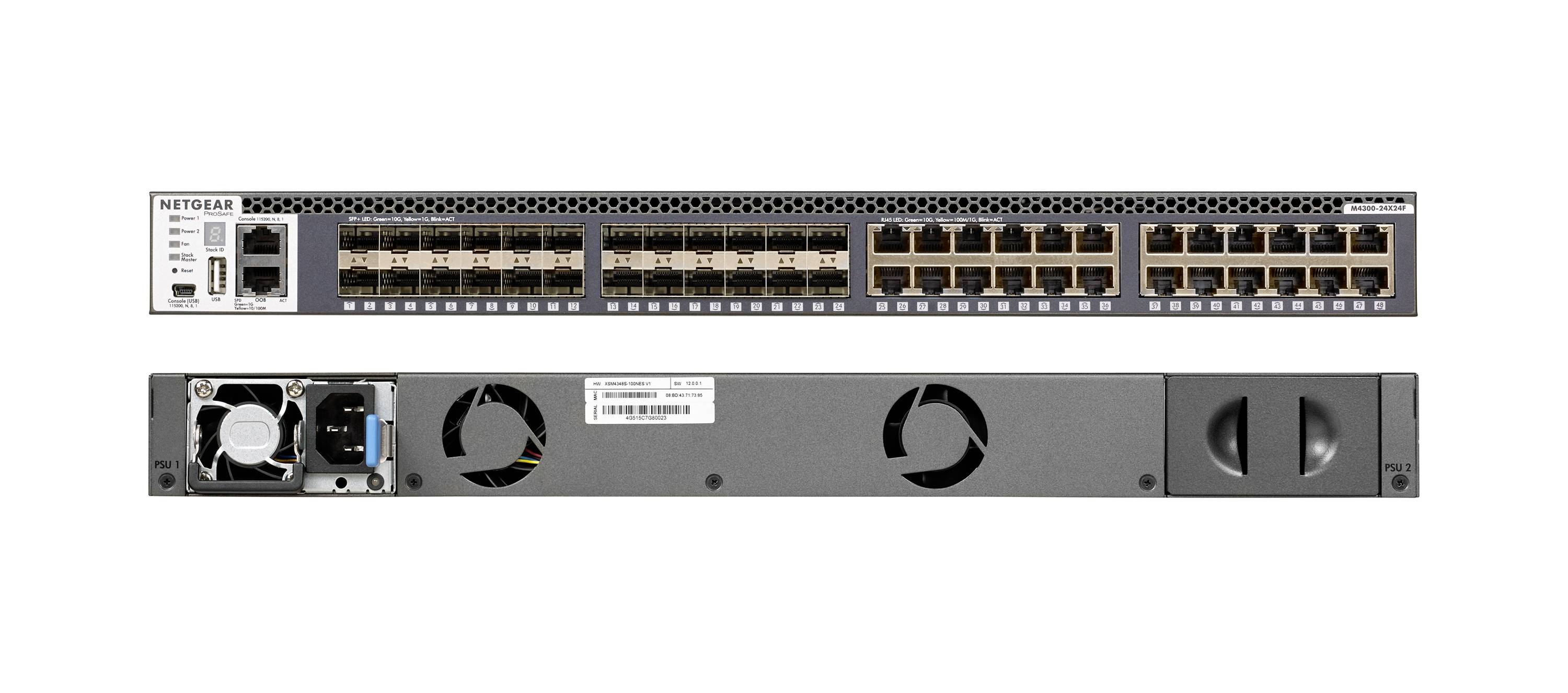 Vues avant et arrière d'un commutateur Ethernet NETGEAR à montage en rack avec de multiples ports RJ45, des LED de statut, une alimentation électrique et des ventilateurs de refroidissement.