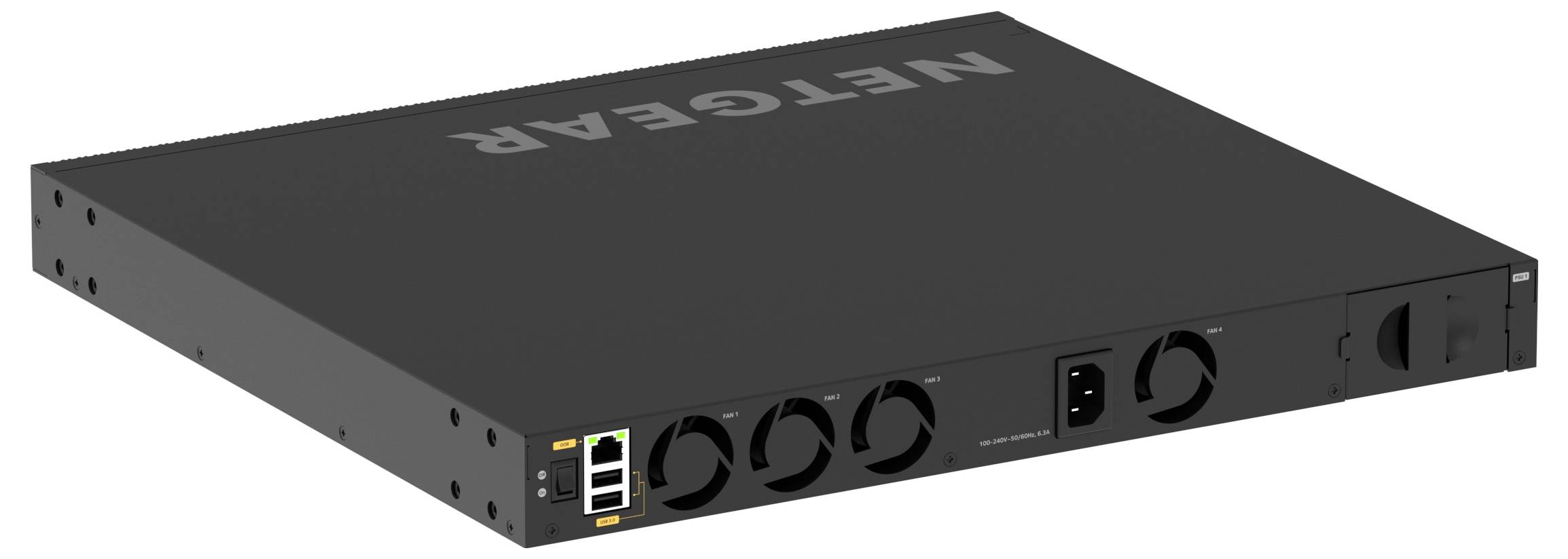 Appareil réseau NETGEAR noir présenté en perspective, un commutateur montable en baie/panneau avant avec ports et ventilateurs de refroidissement.