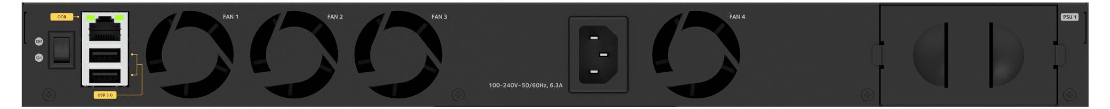 Vue de face d'un serveur ou d'un appareil réseau en boîtier 19 pouces avec ventilateurs de refroidissement, voyants d'état et ports de panneau avant.