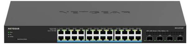Panneau frontal du commutateur Ethernet Netgear 24 ports avec voyants d'état des ports et deux ports de liaison montante.