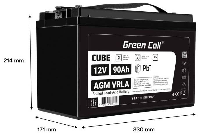 Batterie au plomb scellée AGM VRLA Black Green Cell CUBE 12V 90Ah, avec les dimensions de 330 mm de long, 171 mm de large et 214 mm de haut.