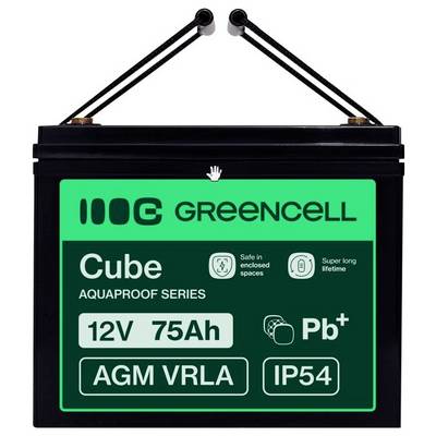 Batterie AGM VRLA GreenCell Cube Aquaproof Series 12V 75Ah avec poignées et indice de protection IP54.