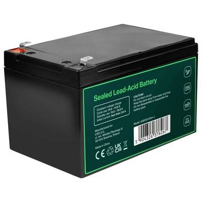 Batterie au plomb étanche avec sceau noir, étiquette verte, bornes en haut et code-barres sur la face avant.