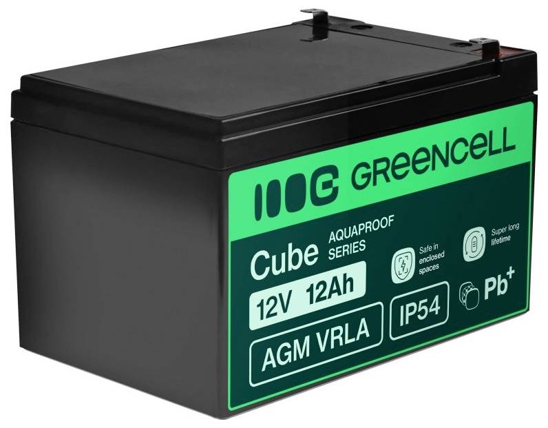 Batterie AGM VRLA Black GreenCell Cube étiquetée 12V 12Ah, IP54, pour les espaces clos sécurisés et une utilisation longue durée.