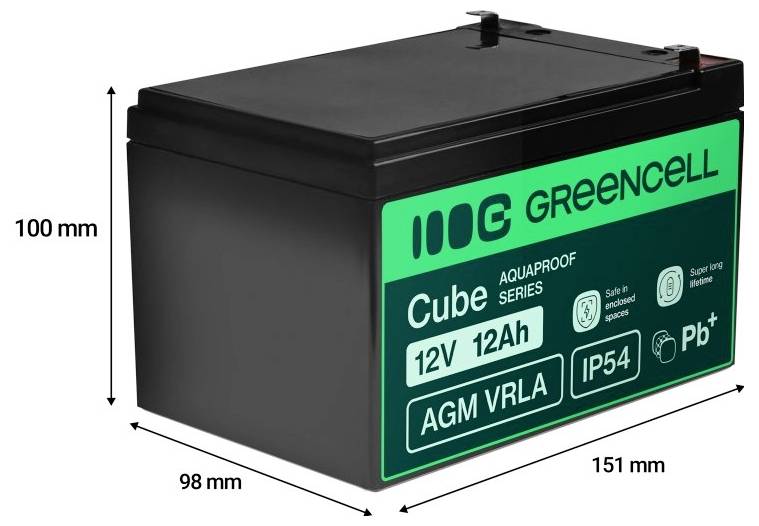 Cube de cellule noire verte 12V 12Ah batterie AGM VRLA affichée en 3D, étiqueté 151 mm de large, 98 mm de profondeur et 100 mm de hauteur.